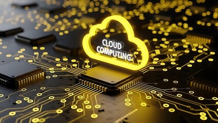 Cloud computing concept with glowing cloud symbol on a circuit board