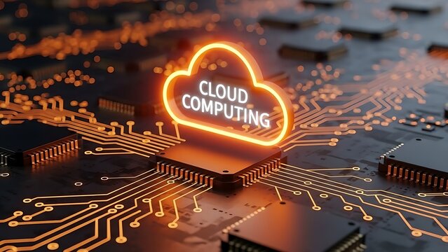 Cloud computing concept with glowing cloud symbol on a circuit board