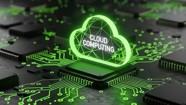 Cloud computing concept with glowing cloud symbol on a circuit board - Powered by Adobe