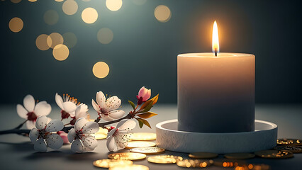 Candlelight glow with blossoms and bokeh lights for a peaceful and warm atmosphere