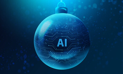 Christmas technology sphere. AI holiday card in tech style with circuit board ball. Futuristic x-mas vector banner. Happy artificial holiday.