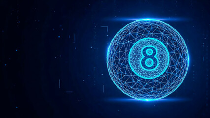 Abstract digital number eight within a glowing blue wireframe sphere, representing future technology, data analysis, blockchain, and global network connections, concept.