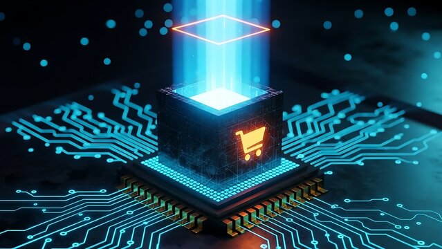 Digital shopping cart concept with glowing circuit board and processor