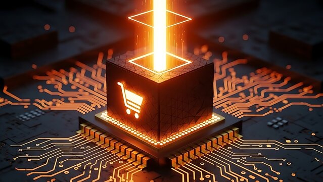 Digital shopping cart concept with glowing circuit board and processor