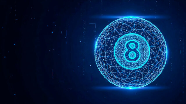 Abstract digital number eight within a glowing blue wireframe sphere, representing future technology, data analysis, blockchain, and global network connections, concept. - Powered by Adobe