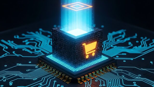Digital shopping cart concept with glowing circuit board and processor