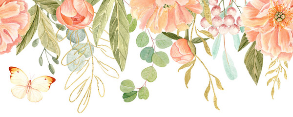 Delicate peonies in soft peach tones watercolor seamless border on white. Hand-painted with detail, perfect for wedding invitations, branding, packaging design, cards. Gold, green leaves, eucaliptus.
