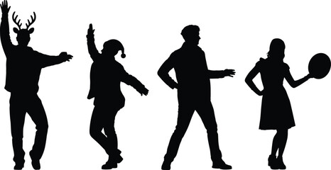 Dancing silhouette figures with Santa hat, antlers, festive poses, holiday celebration scene, perfect for Christmas cards, winter decor, seasonal clipart, cheerful design