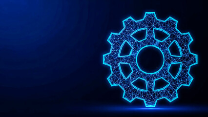 A vibrant blue polygonal gear symbol, depicting abstract concepts of settings, mechanics, and interconnected systems. Perfect for technology, engineering, and business related visuals.