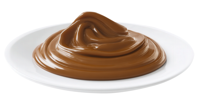 Thick glossy brown paste on a clean white plate transparent background. Generative AI