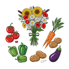 Fresh flower bouquet with assorted vegetables from the farmer market  