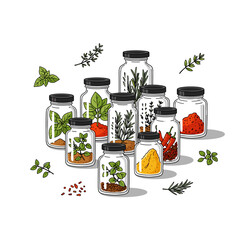 Collection of glass jars filled with herbs and spices on white background  