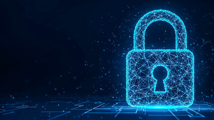 A digital padlock, constructed from glowing blue lines and dots, symbolizes cybersecurity, data protection, and network security. Represents internet privacy and secure information technology.