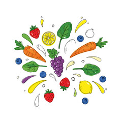 Colorful splash of fresh fruits and vegetables on white background  