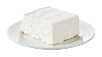 Cottage cheese bar on white plate isolated transparent background. Generative AI