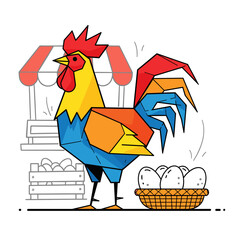 Colorful geometric rooster standing beside basket of fresh eggs at market  