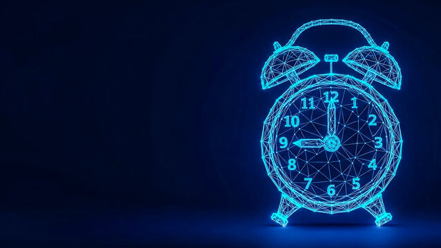 This image features a vibrant blue wireframe alarm clock, representing advanced technology, crucial time management, digital deadlines, and innovative data concepts.