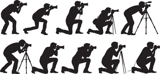 Silhouette of photographers in various poses with cameras and tripods