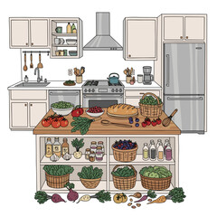 Kitchen interior with fresh vegetables and fruits on wooden table  