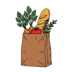 Fresh vegetables and bread in a brown paper bag for market shopping  