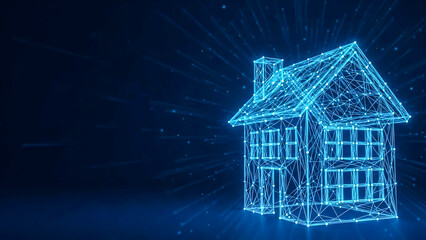 A vibrant, glowing blue wireframe house, digitally rendered, depicting the evolution of smart homes, real estate technology, and connected living in a data-driven world.