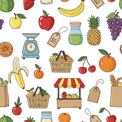 Seamless pattern of hand-drawn fruits and market utensils  
