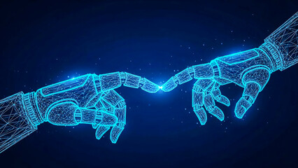 Abstract digital artwork depicting two wireframe robot hands gently touching, representing the integration of AI, future technologies, connection, and innovative partnerships in the digital era.
