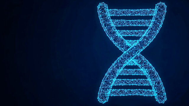 Abstract visualization of a DNA double helix, glowing with interconnected lines and dots. Symbolizes genetic data, research, medicine, and biotechnology advancements.