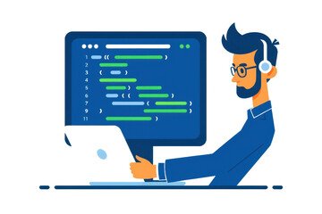 a simple flat 2D icon of a 'software developer', with a laptop screen showing code brackets, minimalist design, solid dark blue and green colors, clean sharp lines, no shadows