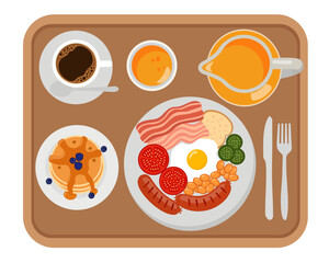 Classic Breakfast Meal on Tray – Fried Egg, Sausages, Bacon, Beans, Coffee, Juice and Pancakes Illustration