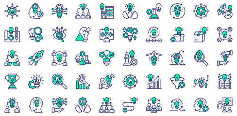 Innovation Hub icons collection. Vector illustration. Innovation Hub, Lightbulb Idea, Creative Thinking, Innovation Center. Pro Vector