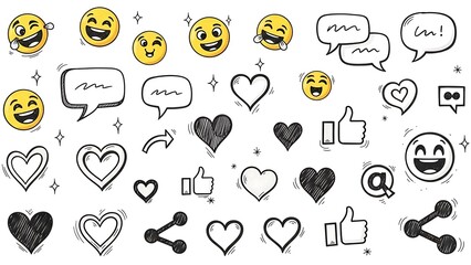 Set of hand drawn social media icon, emoji, heart, like, and speech bubble doodle element