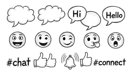 Hand drawn sketch set of social media communication icons, emoji, speech bubble, and like isolated on white background