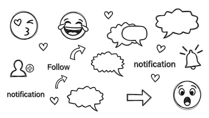 Set of hand drawn social media icon, emoji, speech bubble, and notification element sketch isolated on white background