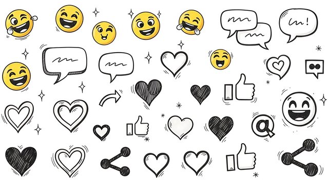Set of hand drawn social media icon, emoji, heart, like, and speech bubble doodle element