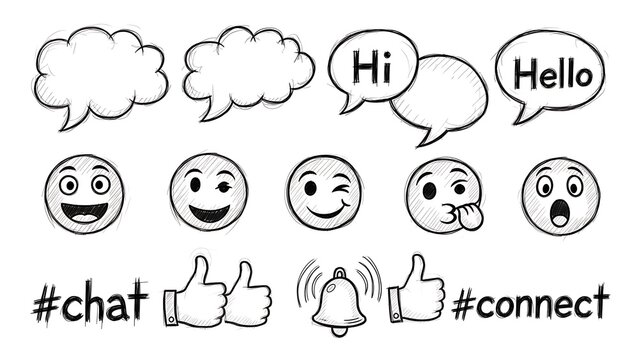 Hand drawn sketch set of social media communication icons, emoji, speech bubble, and like isolated on white background - Powered by Adobe