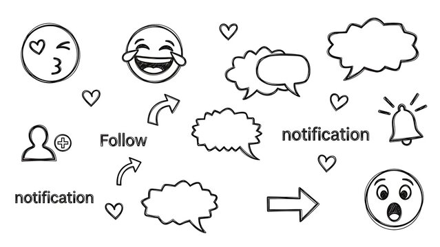 Set of hand drawn social media icon, emoji, speech bubble, and notification element sketch isolated on white background