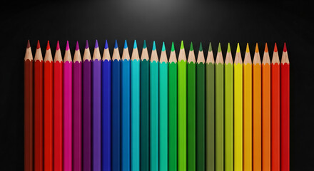 A vibrant spectrum of colored pencils arranged in a row against a sleek black backdrop