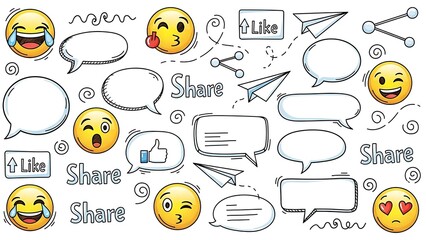 Collection of hand drawn social media icon elements like emoji speech bubble like and share isolated on white background
