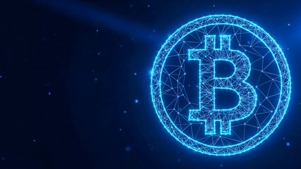 Glowing Bitcoin symbol within a blue polygonal network, illustrating digital finance, blockchain, global economy, and secure online investment. Ideal for tech and business content.