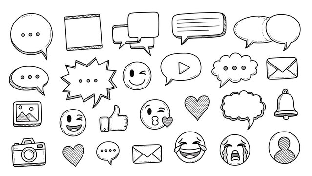 Hand drawn doodle set of social media communication icons, chat bubble, emoji, and like isolated on white background - Powered by Adobe