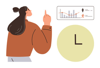 Woman gesturing toward a visual analysis of progress bars and charts next to a clock graphic. Ideal for business, productivity, time management, analytics, workflow, decision-making, and planning © robu_s