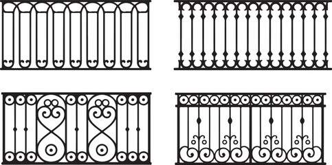Four Black Decorative Wrought Iron Balcony Railing and Fence Designs on White vector illustration