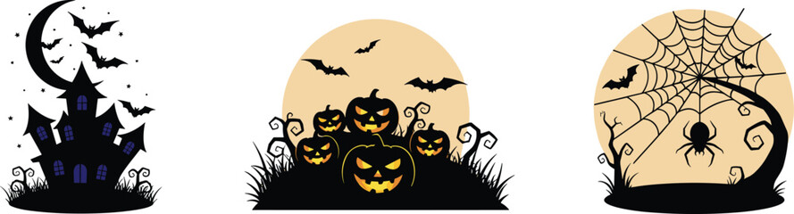 Obraz premium hanging spider, twisted tree, bats, full moon, festive spooky vector art in black silhouette style