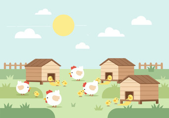 Fototapeta premium Cute cartoon chickens and chicks on a farm with wooden coops.