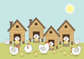 Adorable cartoon chickens and chicks living in a village of wooden coops.