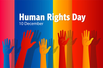 An illustrative banner design for Human Rights Day on December 10, featuring diverse raised hands symbolizing equality, freedom, and justice against a vibrant, striped background in primary colors.