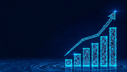 Abstract glowing blue bar graph with an upward trend arrow, symbolizing strong financial growth, comprehensive data analysis, and successful investment strategies.