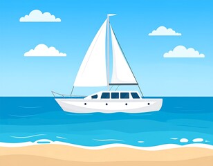 Cartoon yacht sailing on the water, with a blue sky and scattered clouds above a beach