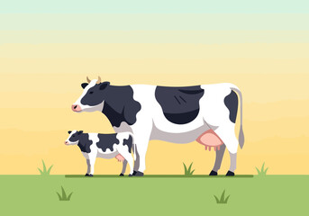 A mother cow and her calf standing together in a field.